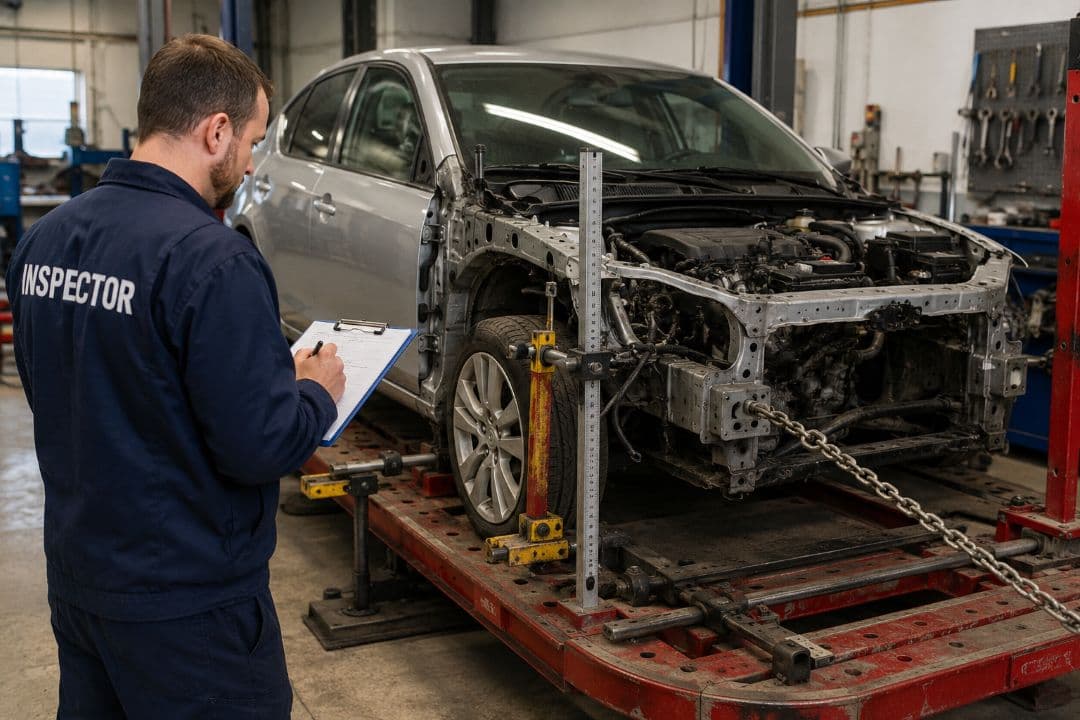 vehicle inspector documenting front-end frame damage on a car