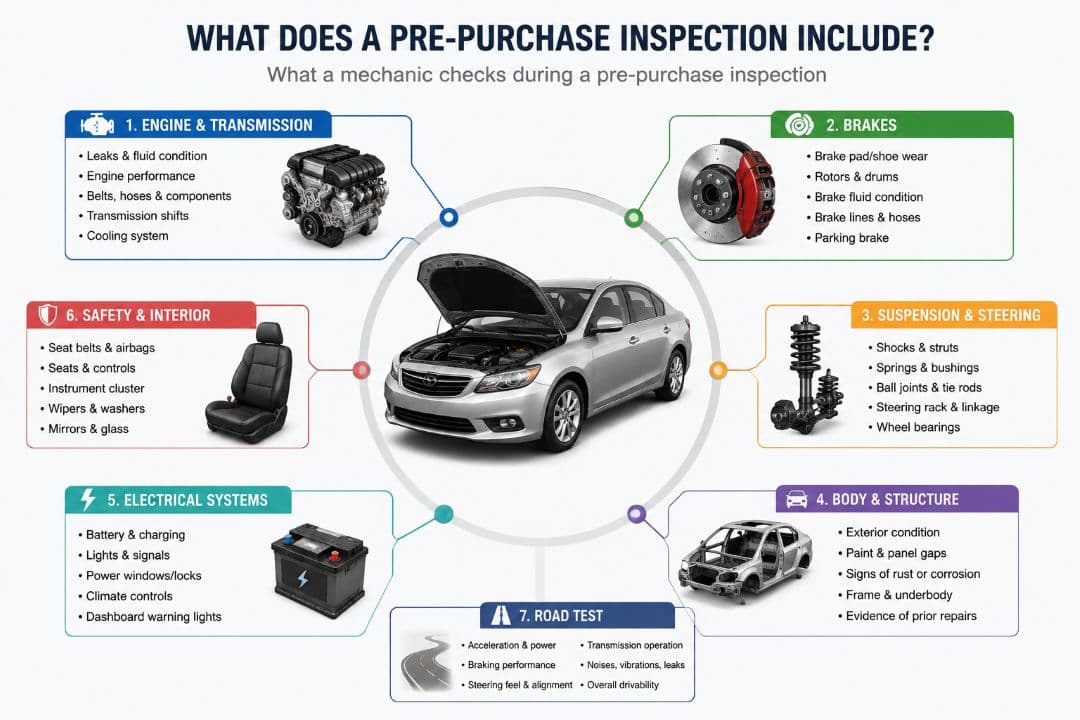 infographic showing what a pre-purchase car inspection includes
