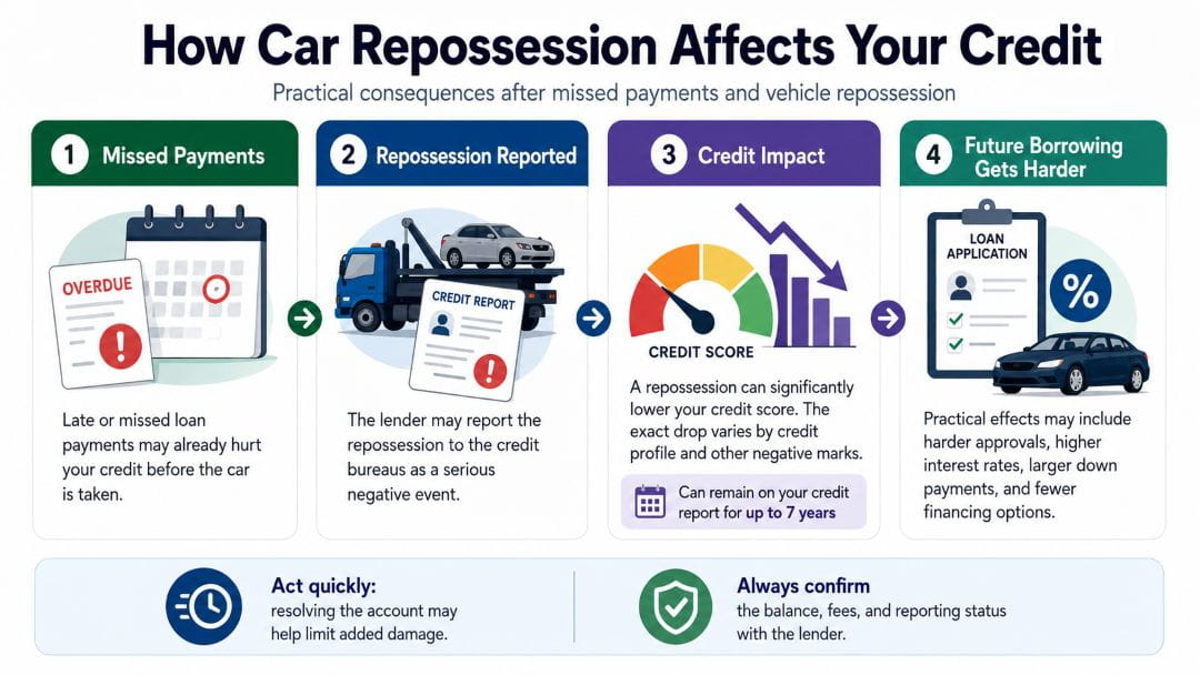 infographic showing how missed payments and car repossession can lower credit scores