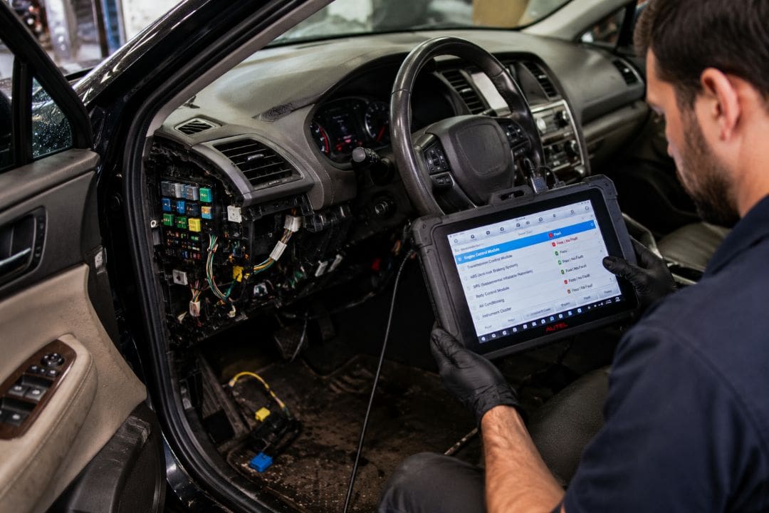 mechanic using a diagnostic tablet to inspect the exposed wiring and electrical system