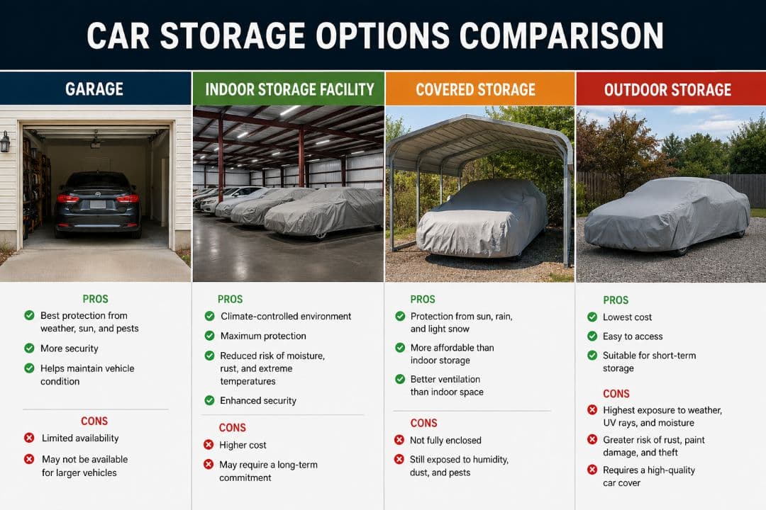 comparison chart showing garage, indoor, covered, and outdoor car storage options