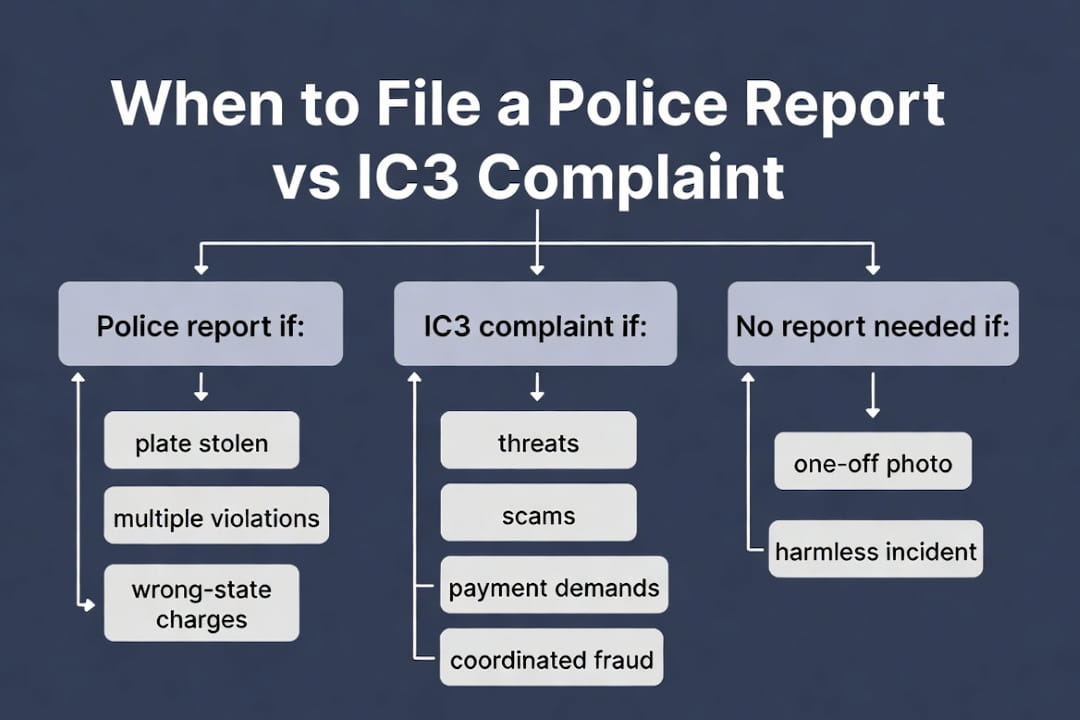 flowchart showing when to file a police report, an IC3 complaint, or no report based on the type of incident