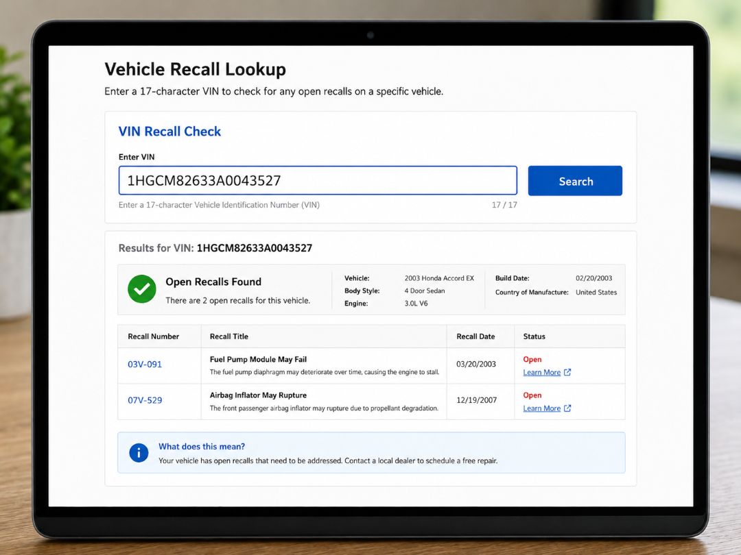 laptop displaying a VIN recall lookup with two open vehicle recalls