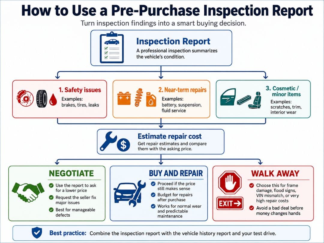 infographic showing how to use a pre-purchase inspection report to identify safety issues