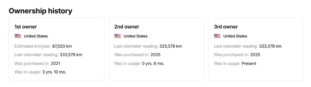 ownership history report showing a vehicle with three owners and over 333,000 km recorded