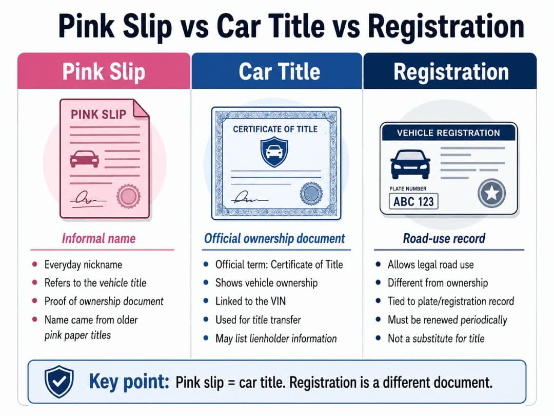 infographic comparing a pink slip, car title, and vehicle registration