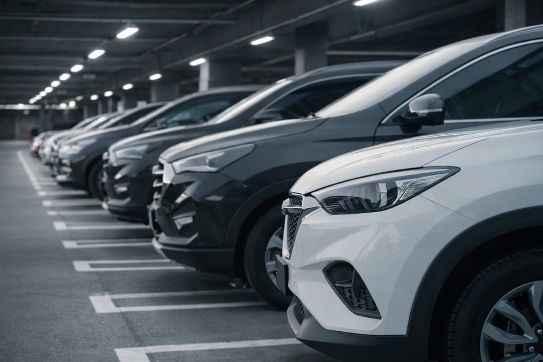 row of parked cars in an indoor parking garage