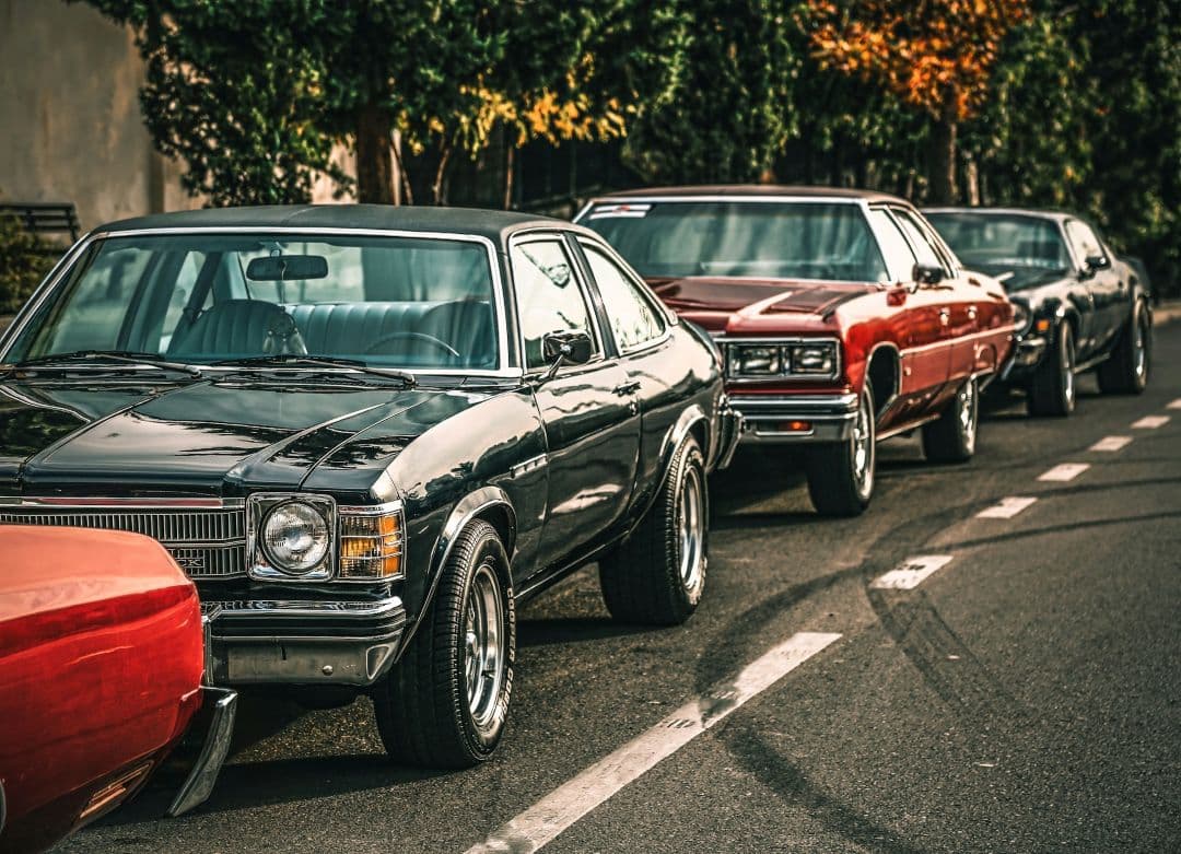 line of classic cars parked along a tree-lined road