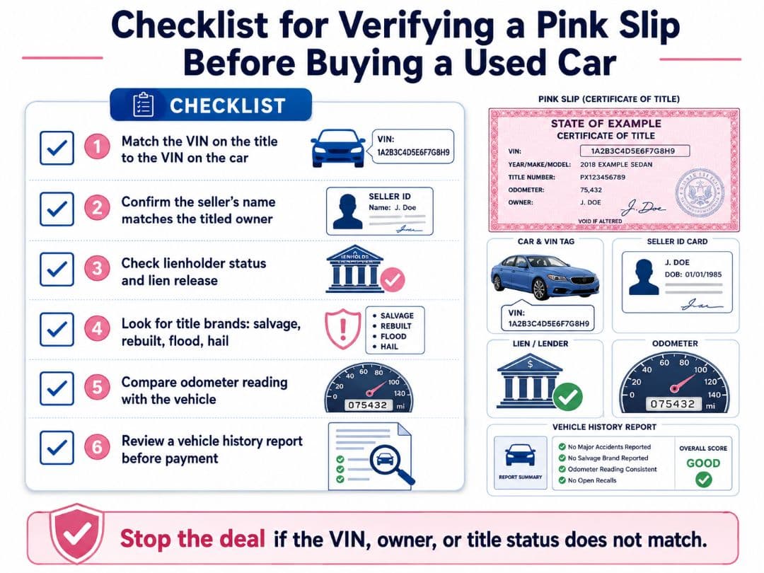 checklist for verifying a car pink slip before buying a used car