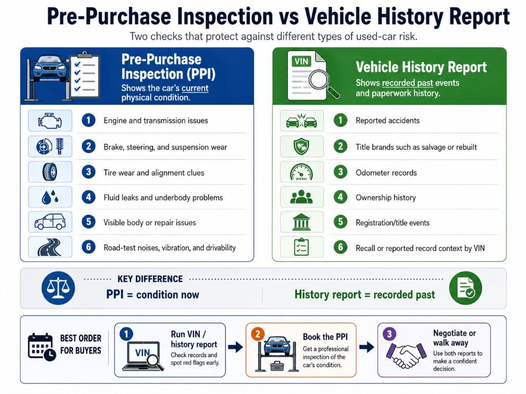 infographic comparing a pre-purchase inspection with a vehicle history report