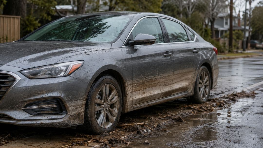 gray sedan covered in mud and rainwater after flooding