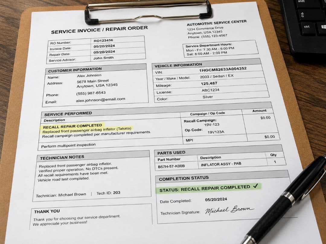 vehicle service invoice confirming that an airbag recall repair was completed