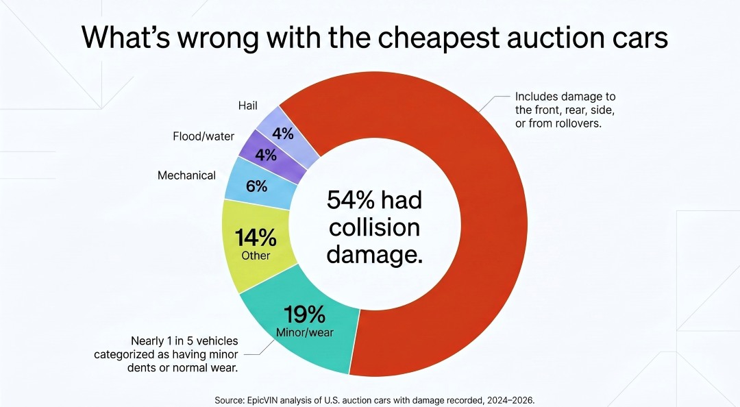 donut chart showing damage types among the cheapest auction cars