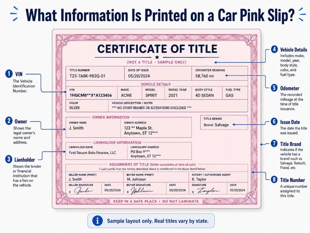 infographic showing the information typically printed on a car pink slip
