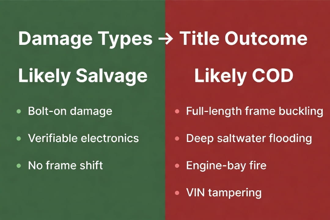 infographic comparing damage types that lead to salvage titles versus certificates of destruction
