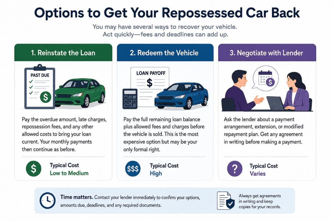 infographic comparing three ways to recover a repossessed car