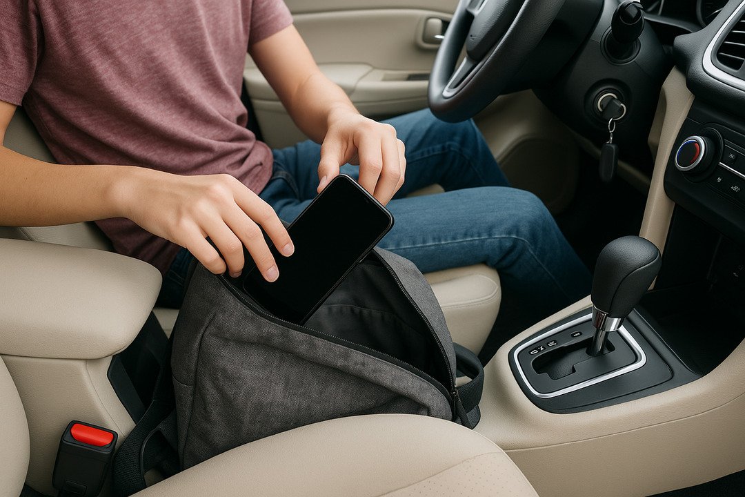 a teenager putting his phone into a backpack