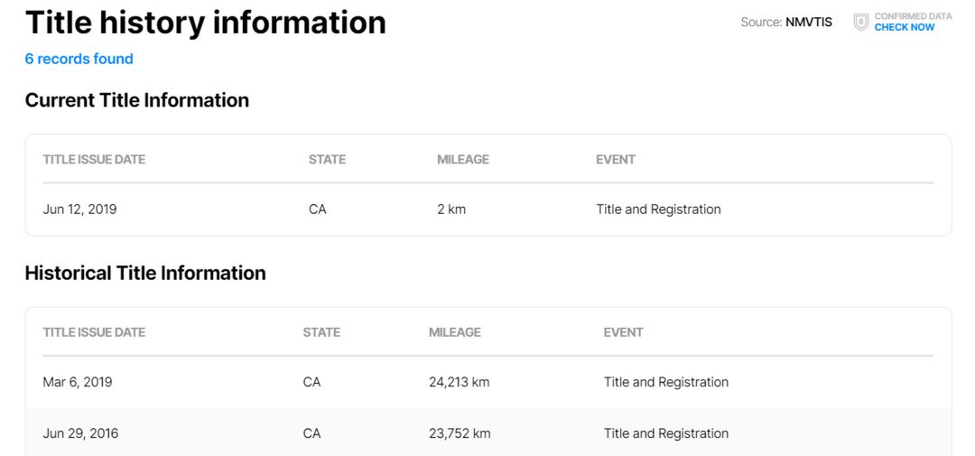 Title history table: dates, state, mileage, events