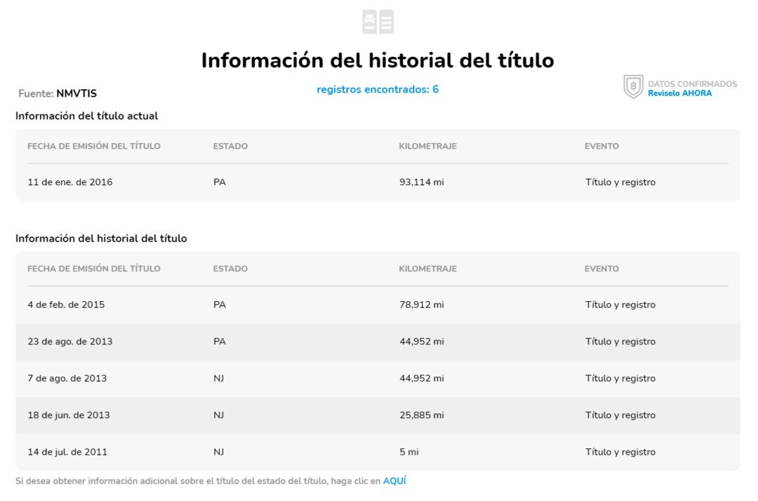 Part of the vehicle report in Spanish