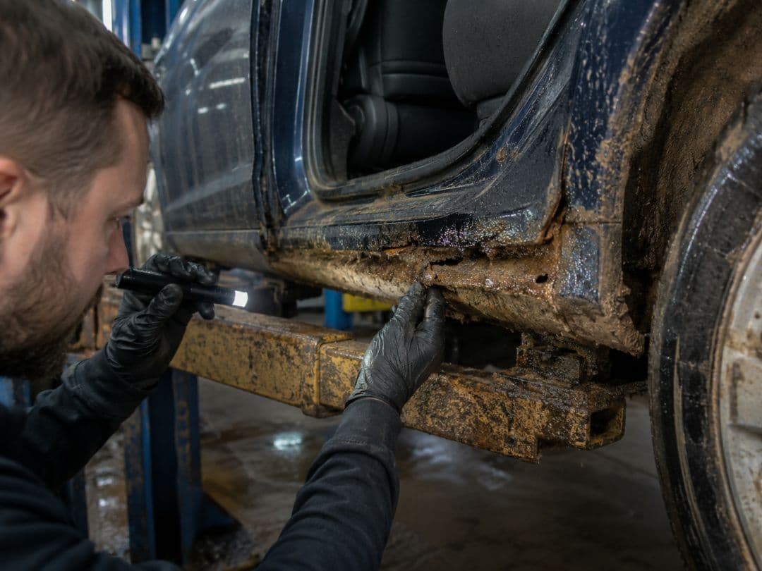 mechanic inspecting mud and corrosion