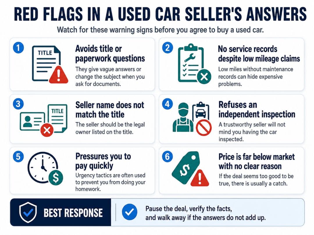 infographic showing six red flags in a used car seller’s answers