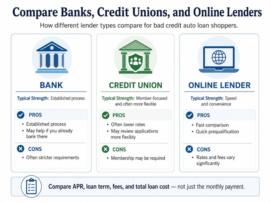 comparison of banks, credit unions, and online lenders