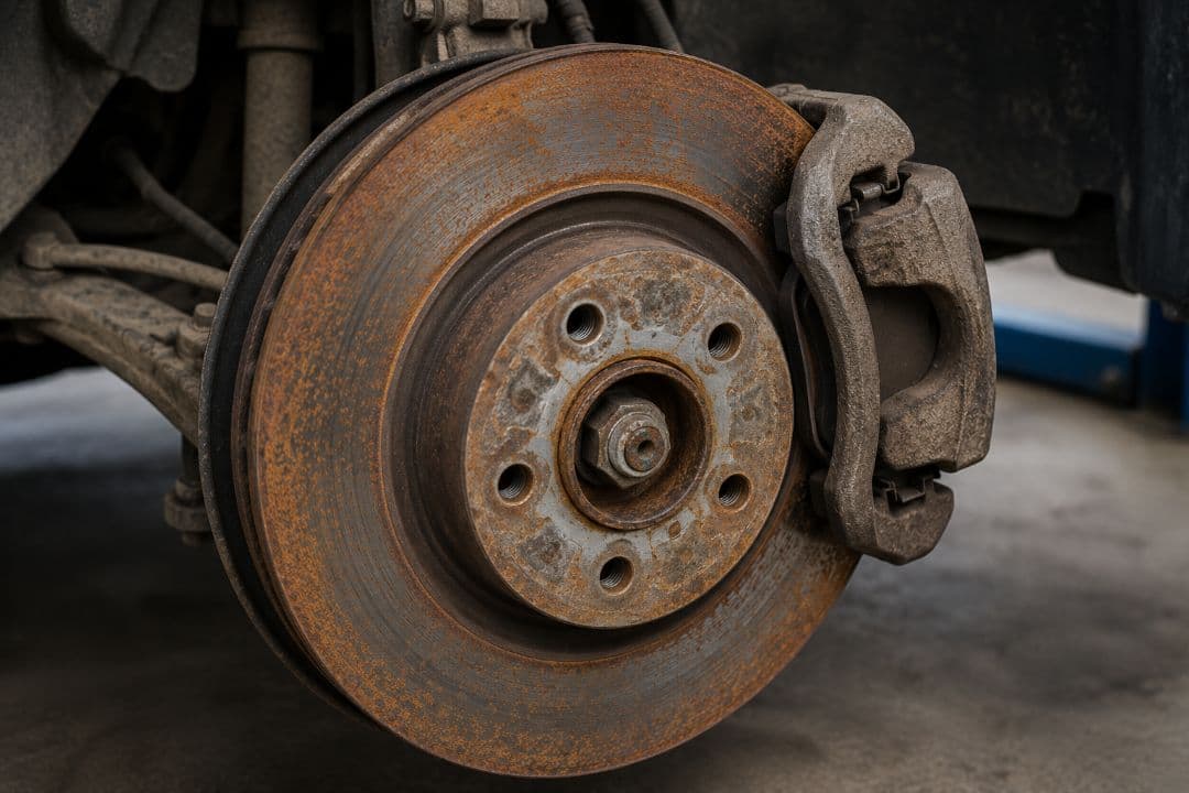 rust-covered brake rotor and caliper showing corrosion caused by moisture