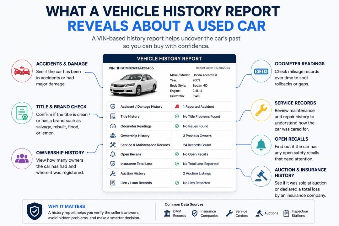 infographic explaining what a vehicle history report can reveal about a used car
