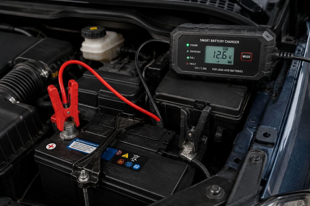 smart battery charger connected to a car battery