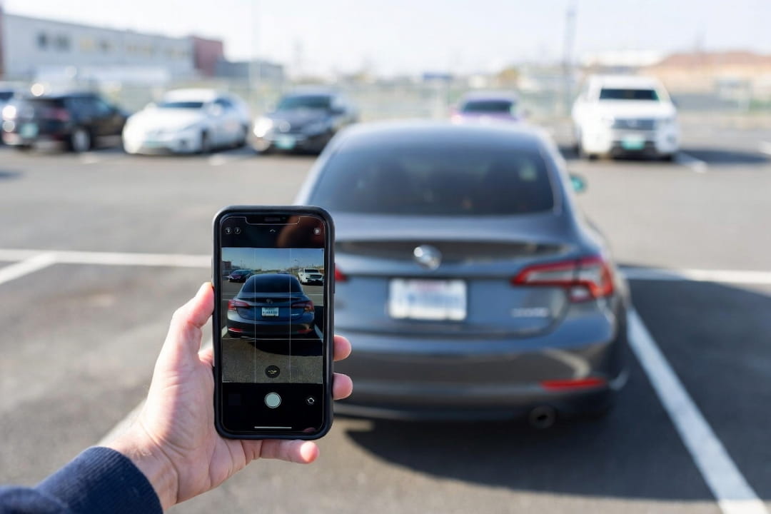 a person holding a smartphone and photographing the rear license plate of a parked car in a parking lot