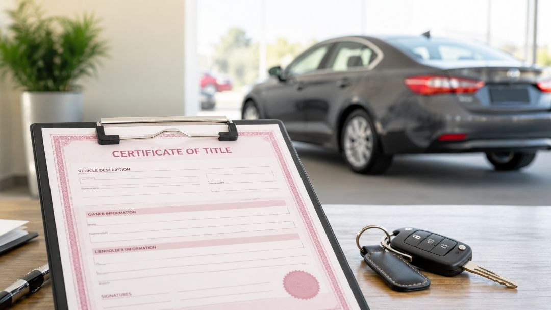 car title certificate on a clipboard with car keys and a sedan in the background
